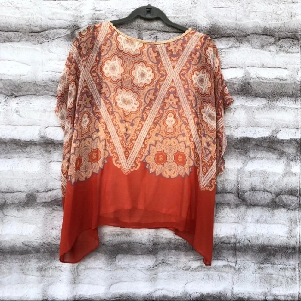 Anthropologie Boho Paisley V-Neck Blouse in Rust and Cream